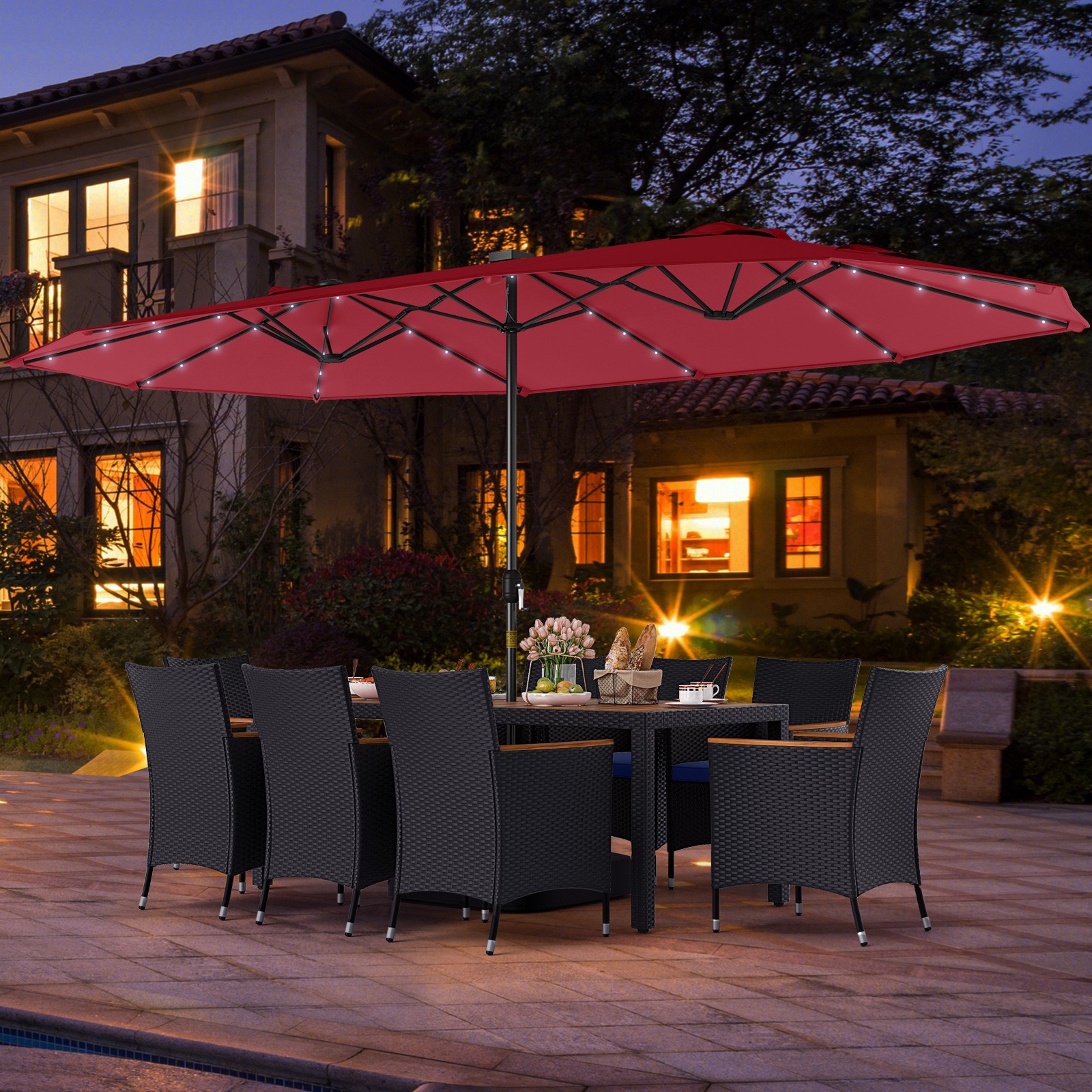 11 PCS Patio Dining Set with 15ft Double-Sided Patio Umbrella (Base Included)