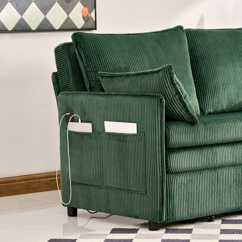55" Convertible Sofa Bed w/ USB Ports, Corduroy Upholstery, Green