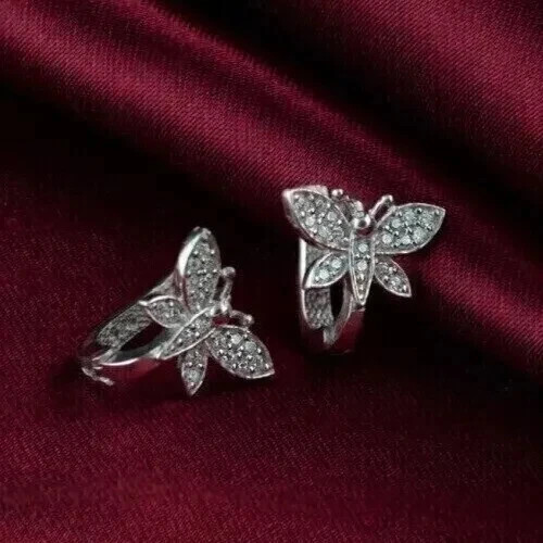 Round Cut Lab-Created Diamond Butterfly Huggie Hoop Earrings 14K White Gold Over