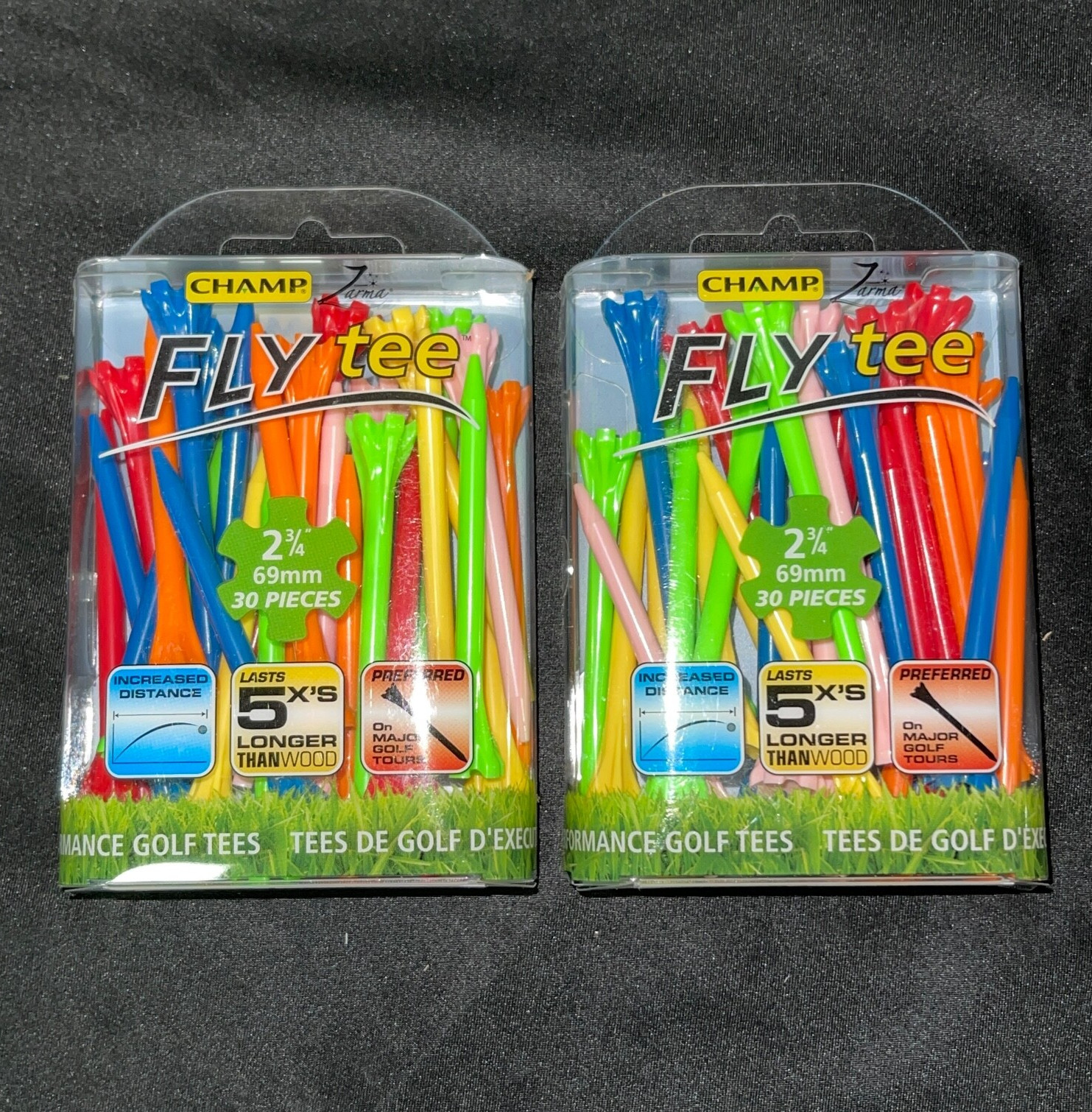 Multicolor Champ Fly Tee Distance Bio Golf Tees 2 3/4" (69mm) - 2 Packs (60ct)