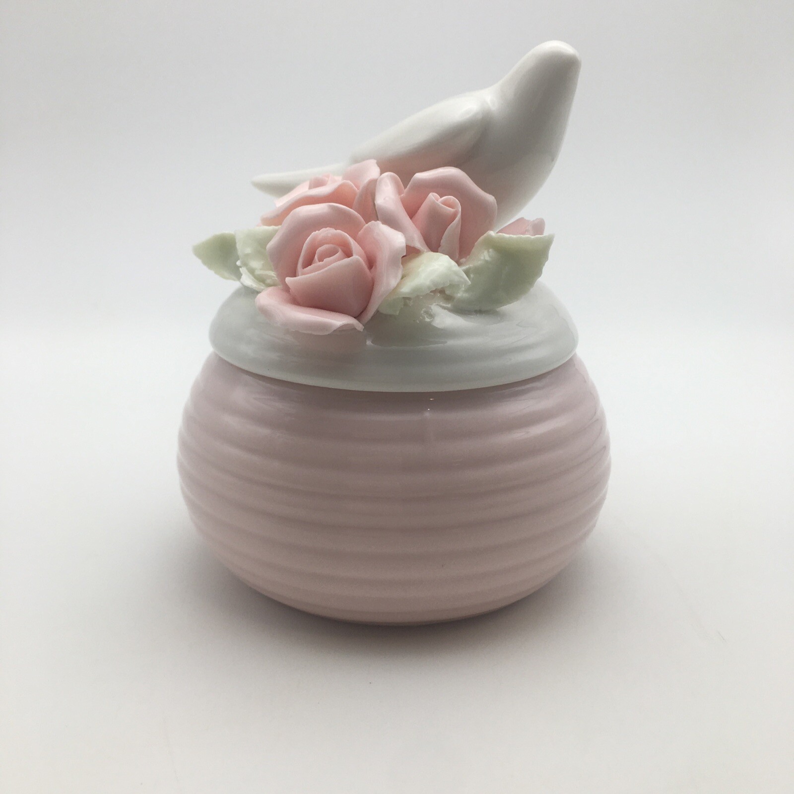 Cracker Barrel Bird & Flowers Ceramic Round Trinket Box Pink White New In Box