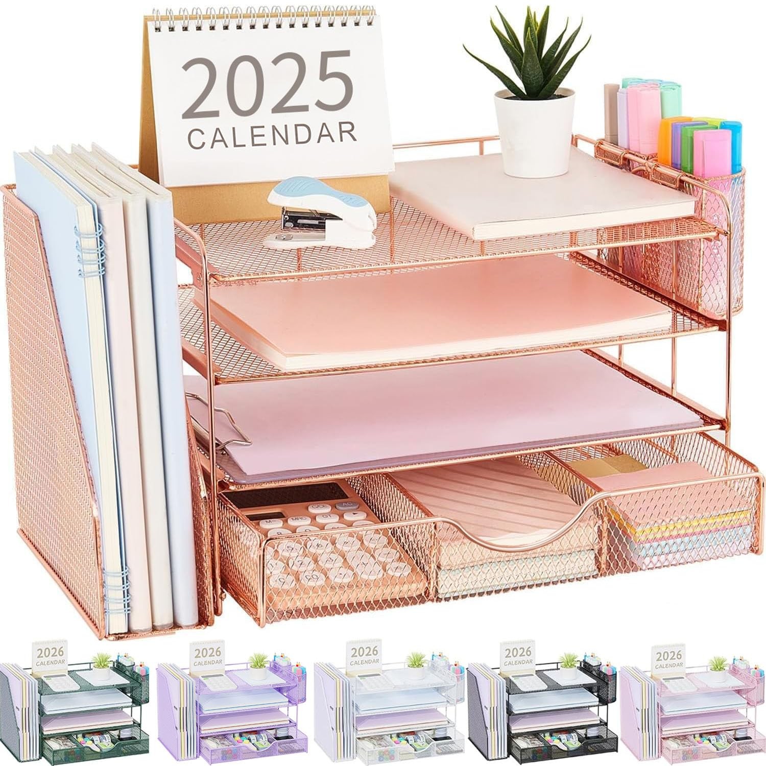 gianotter 4-Tier Desk Organizer File Holder Drawer 2 Pen Holder Rose Gold