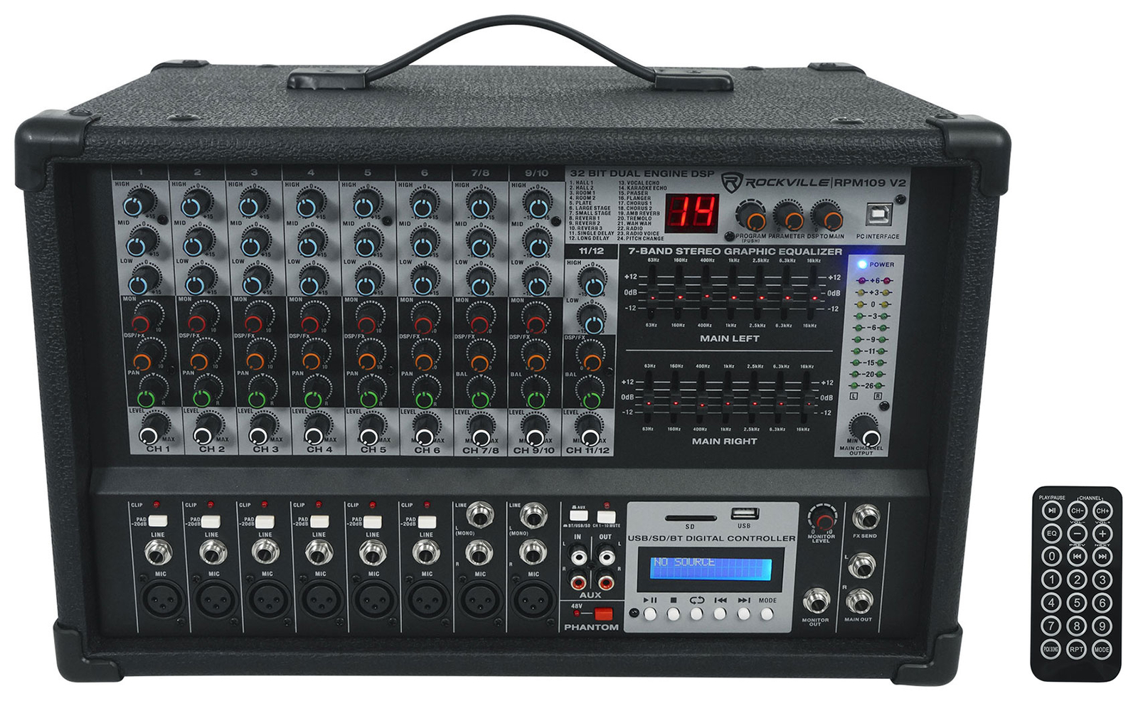 Rockville RPM109 12-Channel 4800 Watt Powered Mixer USB, 48V For Church/School
