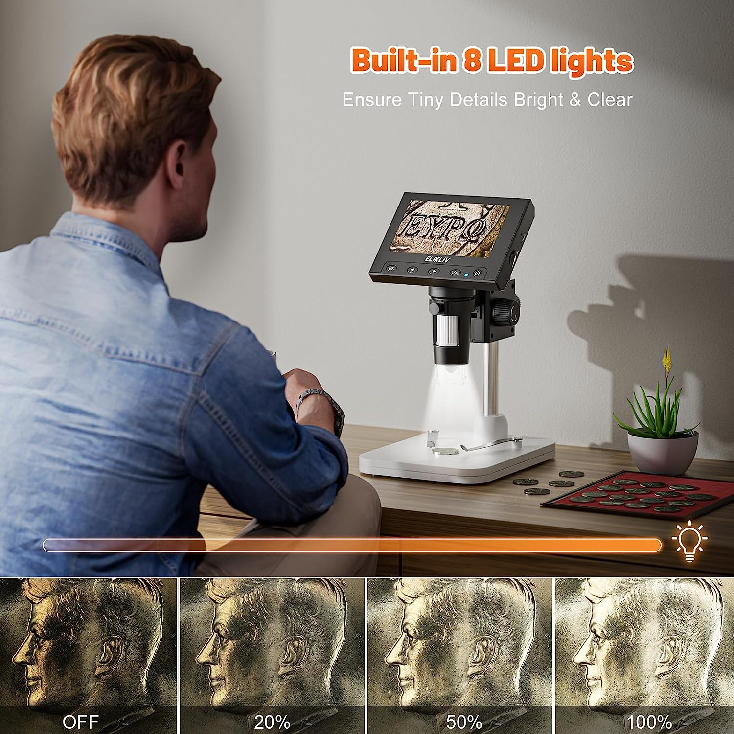 Microscope, LCD Digital Coin Microscope 1000X, Coin Magnifier with 8 Adjustable