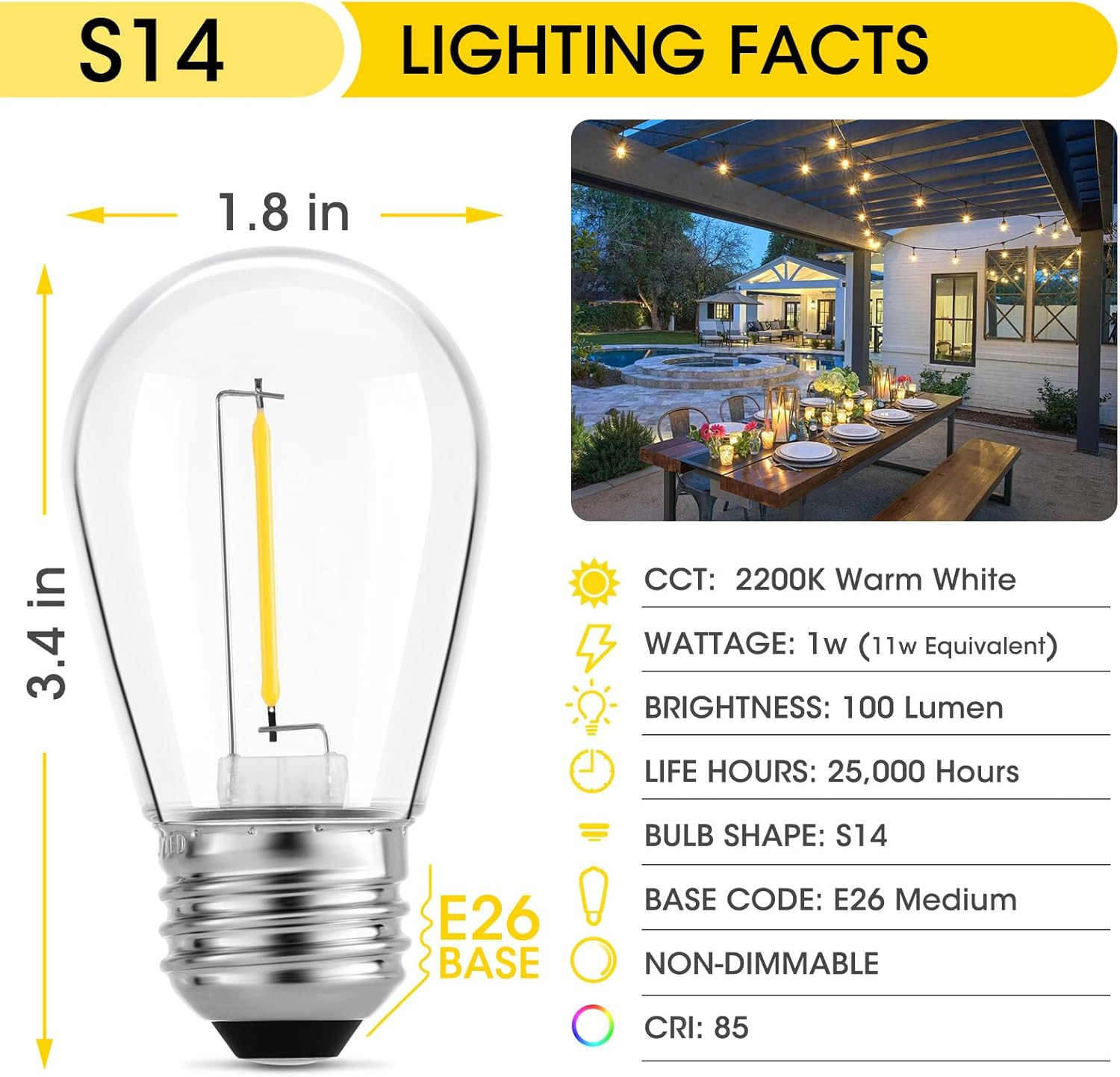 Outdoor Patio String Light Bulbs, Shatterproof Waterproof S14 LED Replacement Bu