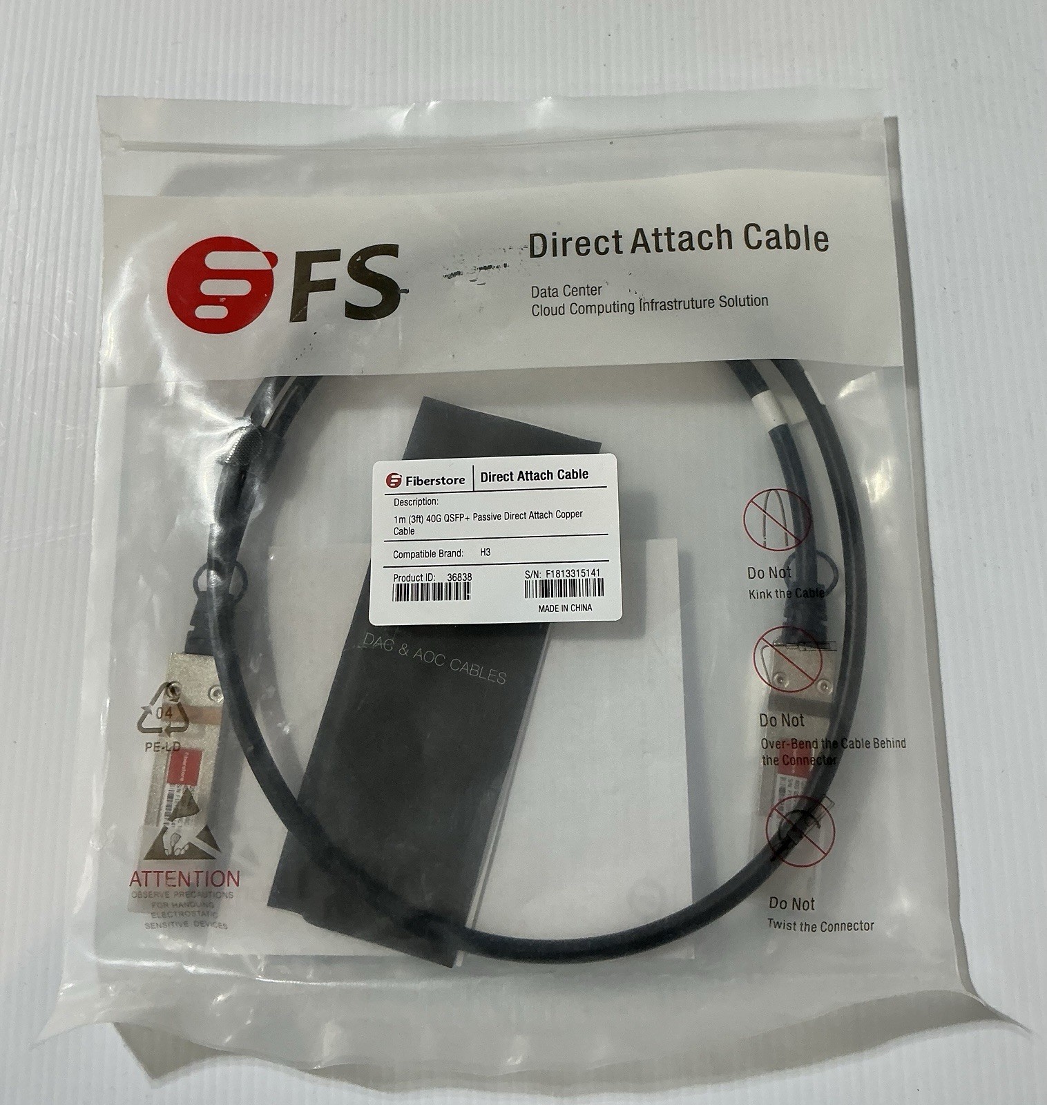 FS 40G QSFP+ Passive Direct Attach Copper Cable 1m QSFP-PC01