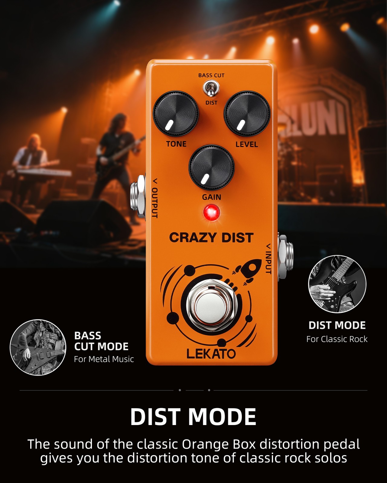 LEKATO DS-02 Mini Distortion Guitar Effect Pedal Bass Cut Dist Mode True Bypass