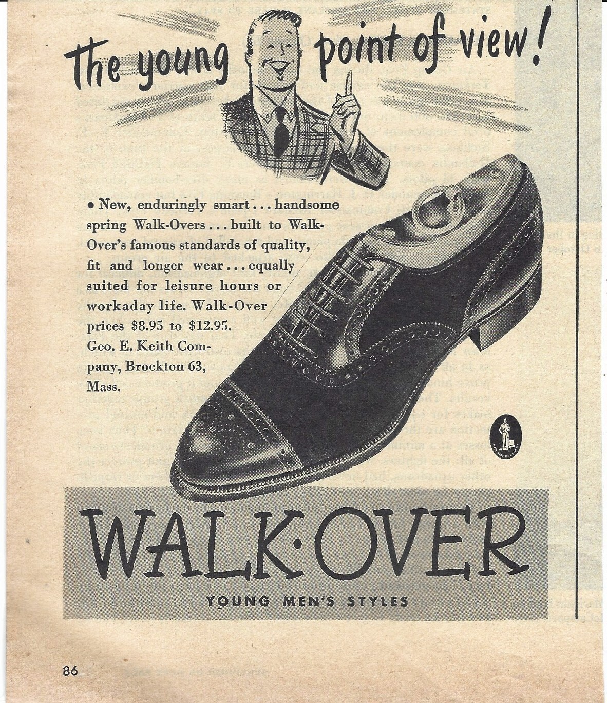 Walk-over Men's Shoes Keith Co Brockton MA Fashion -  Vtg 1945 Print Ad 5 x 6"