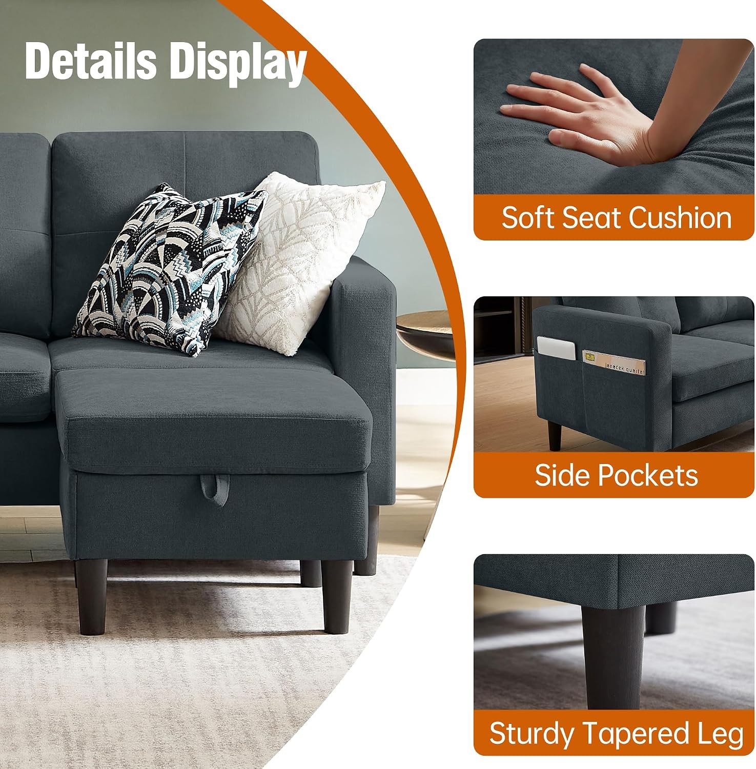 80" Convertible Sectional Sofa Couch with Movable Ottoman, 3 Seats Sectional