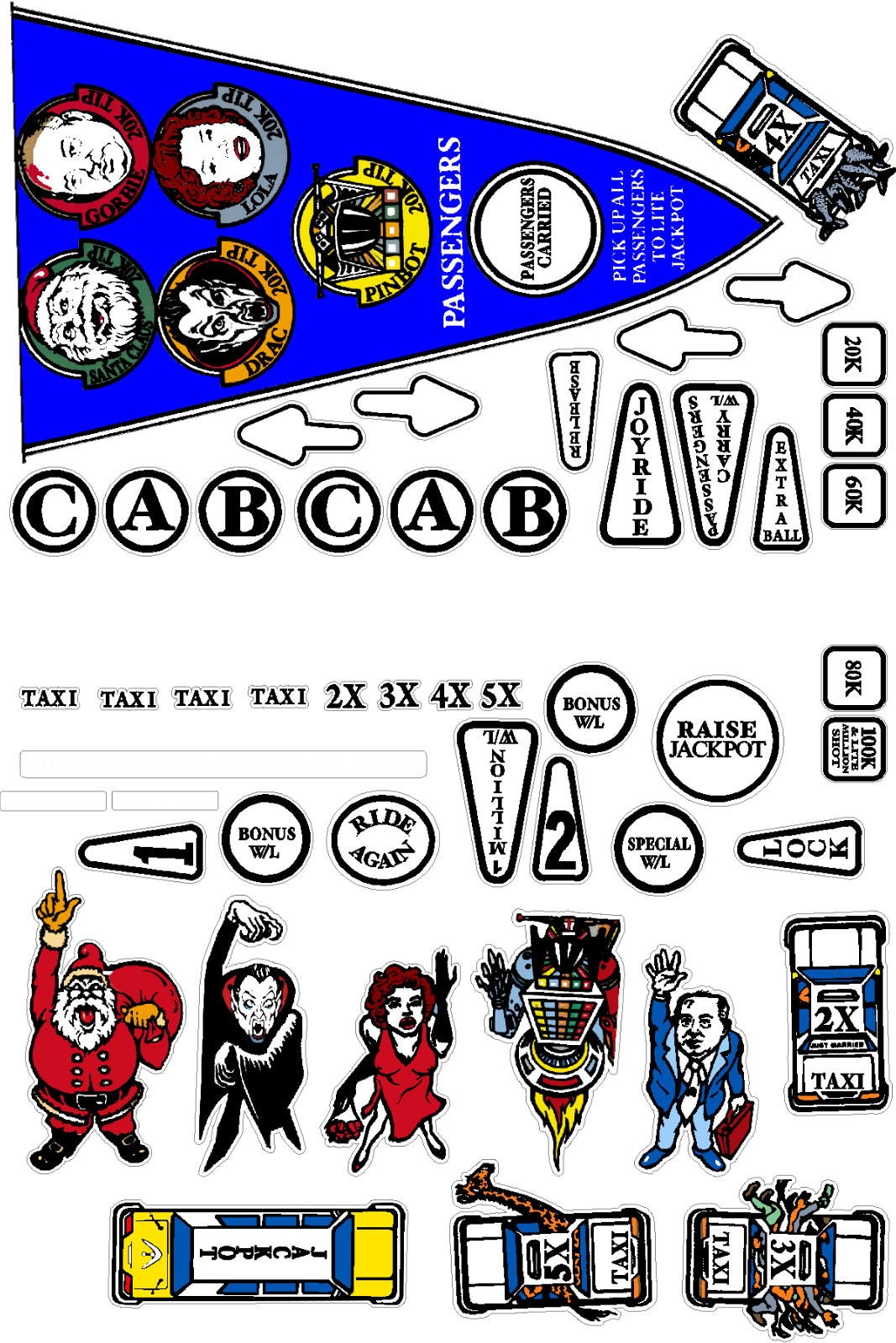 TAXI Pinball Machine Insert Decal Set LOLA Playfield Set