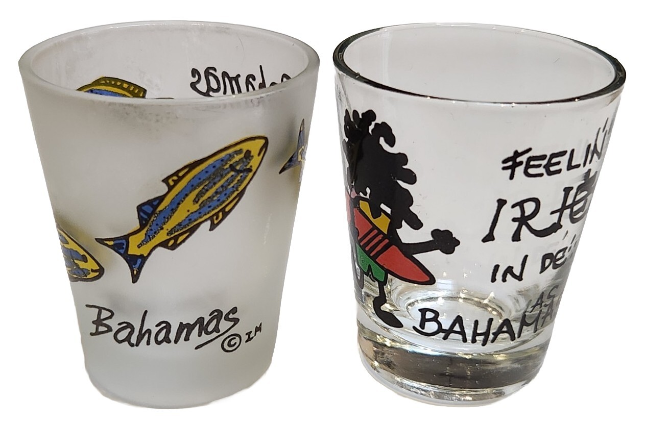 (2) Bahamas Souvenir Shot Glass Bar Drink Tropics Surfing & Swimming Fish