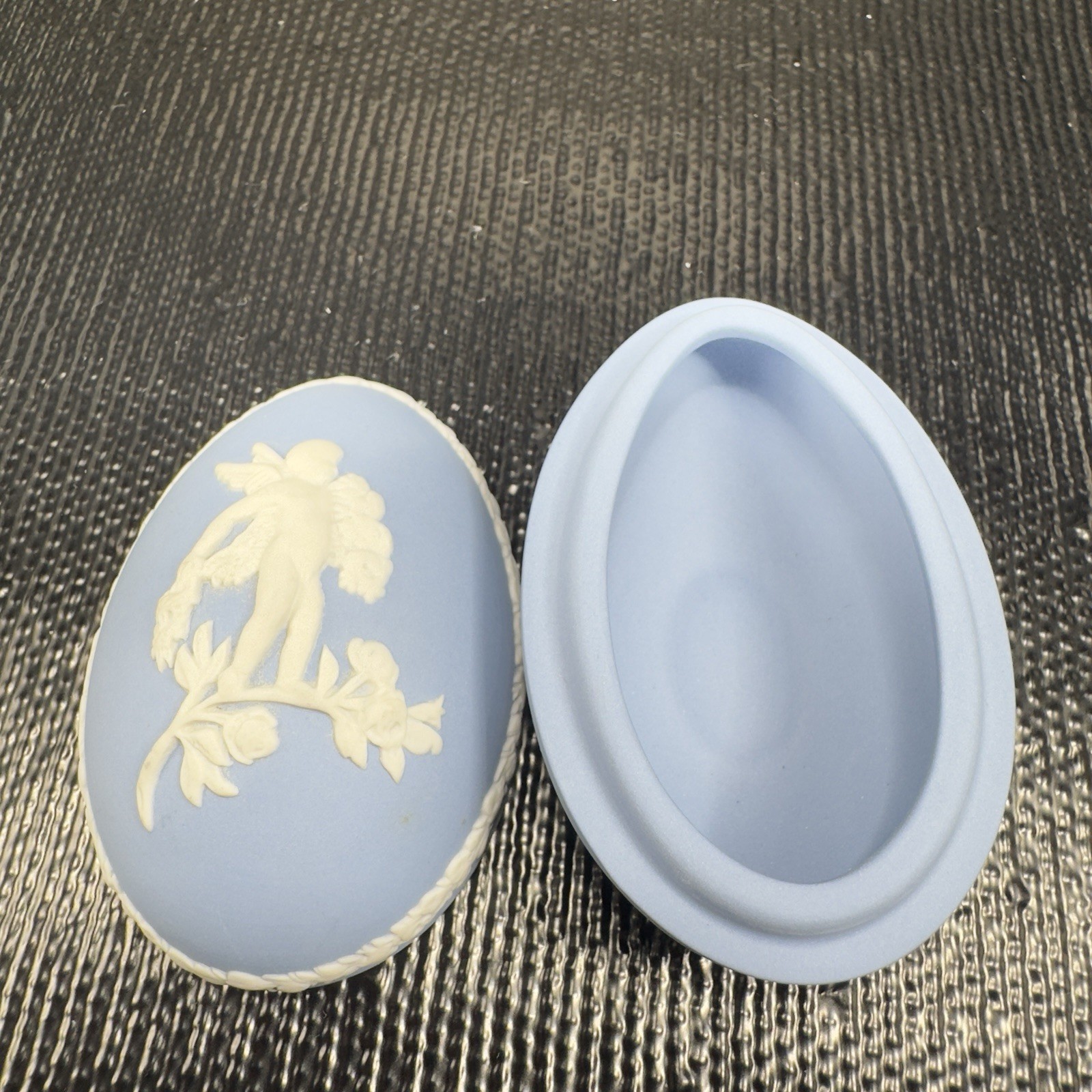 Wedgwood Blue White JasperWare Egg Lidded Trinket Box England Container Pill Box
