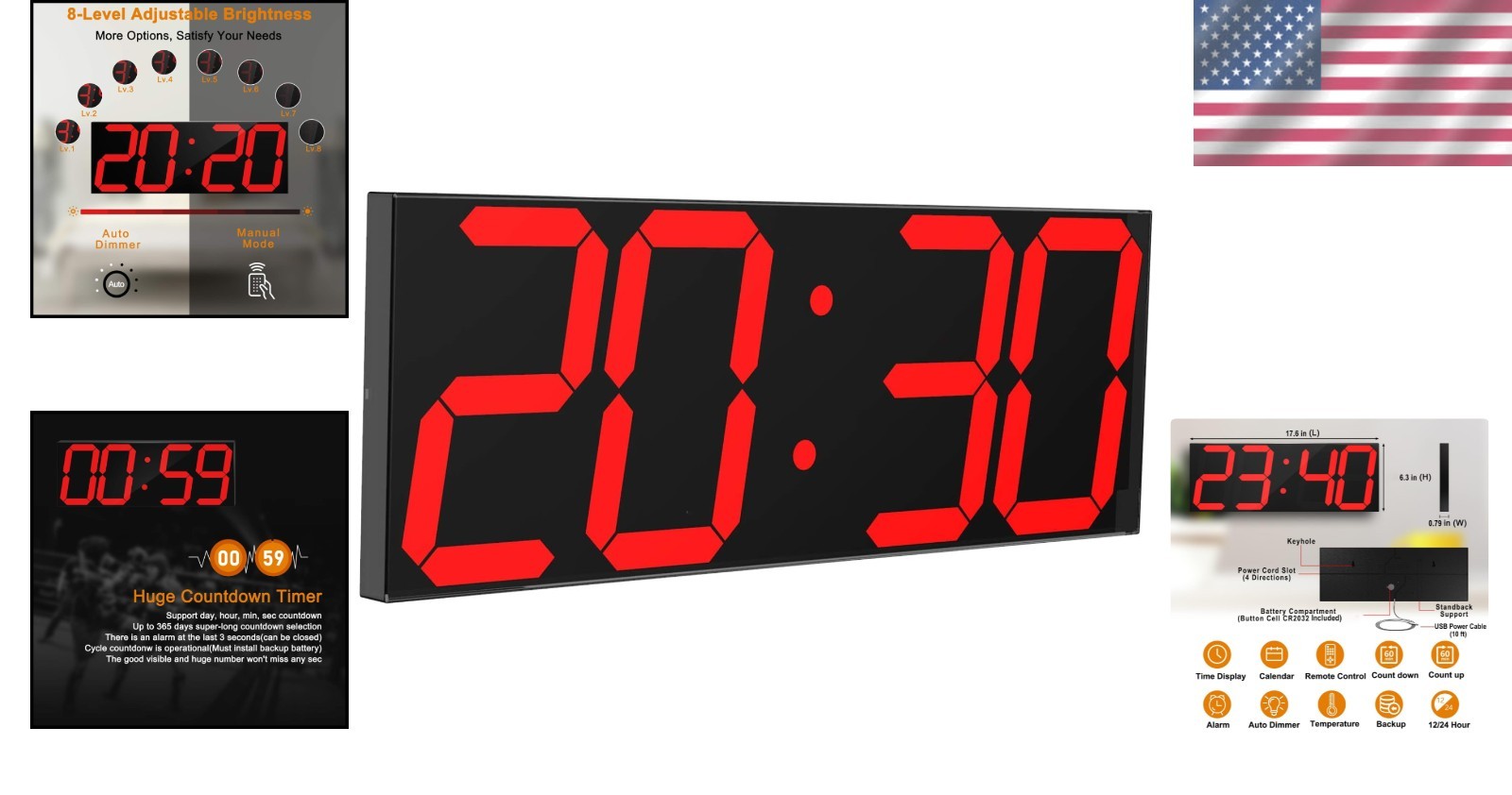Big Red Digital Wall Clock - 6" Numbers, Countdown Timer, Brightness