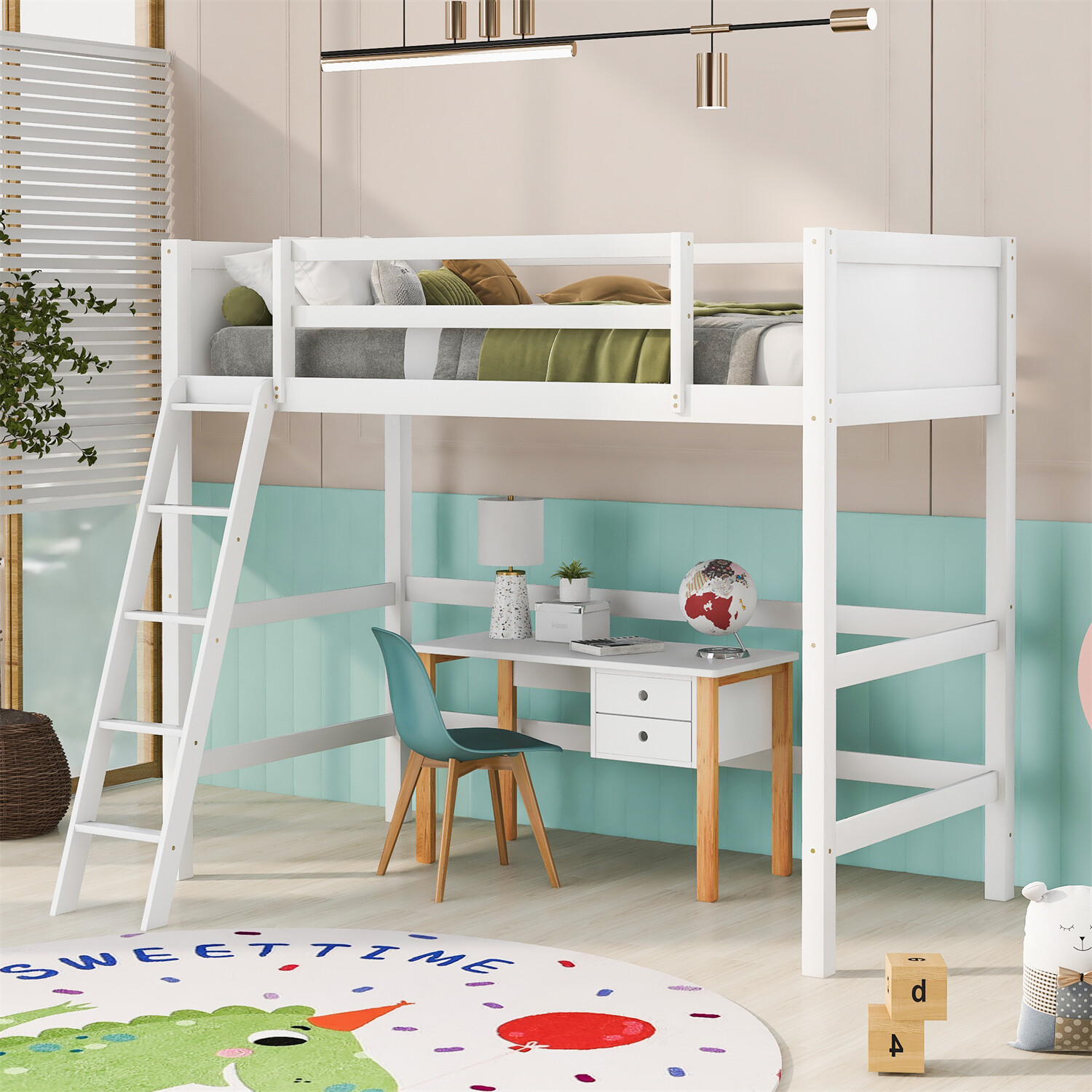 Twin Size Loft Bed Wooden Bed Frame with Ladder White/Gray/Espresso