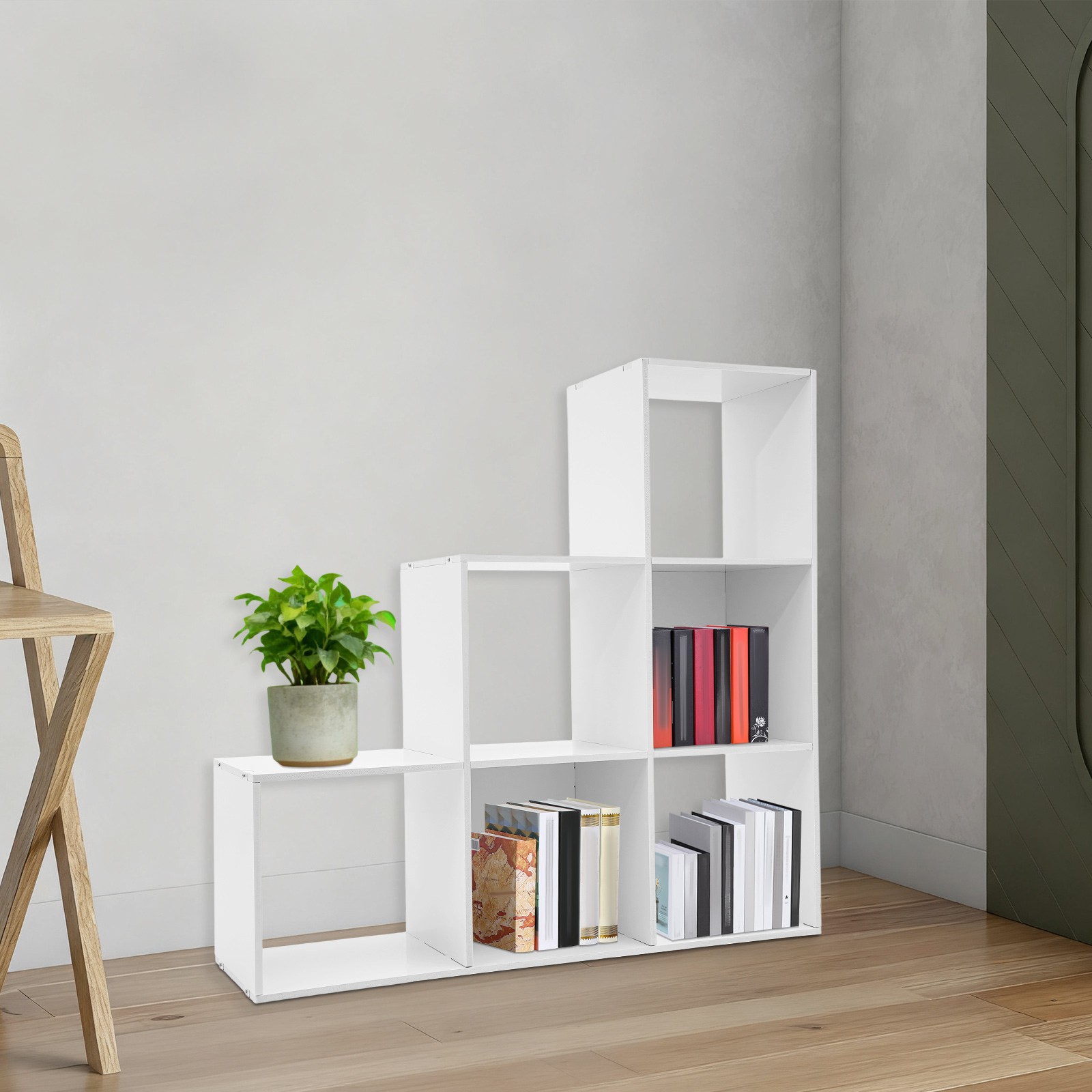 L-Shaped Storage Bookcase 6-cube Stepped Corner Shelf Book Rack for Home/Office