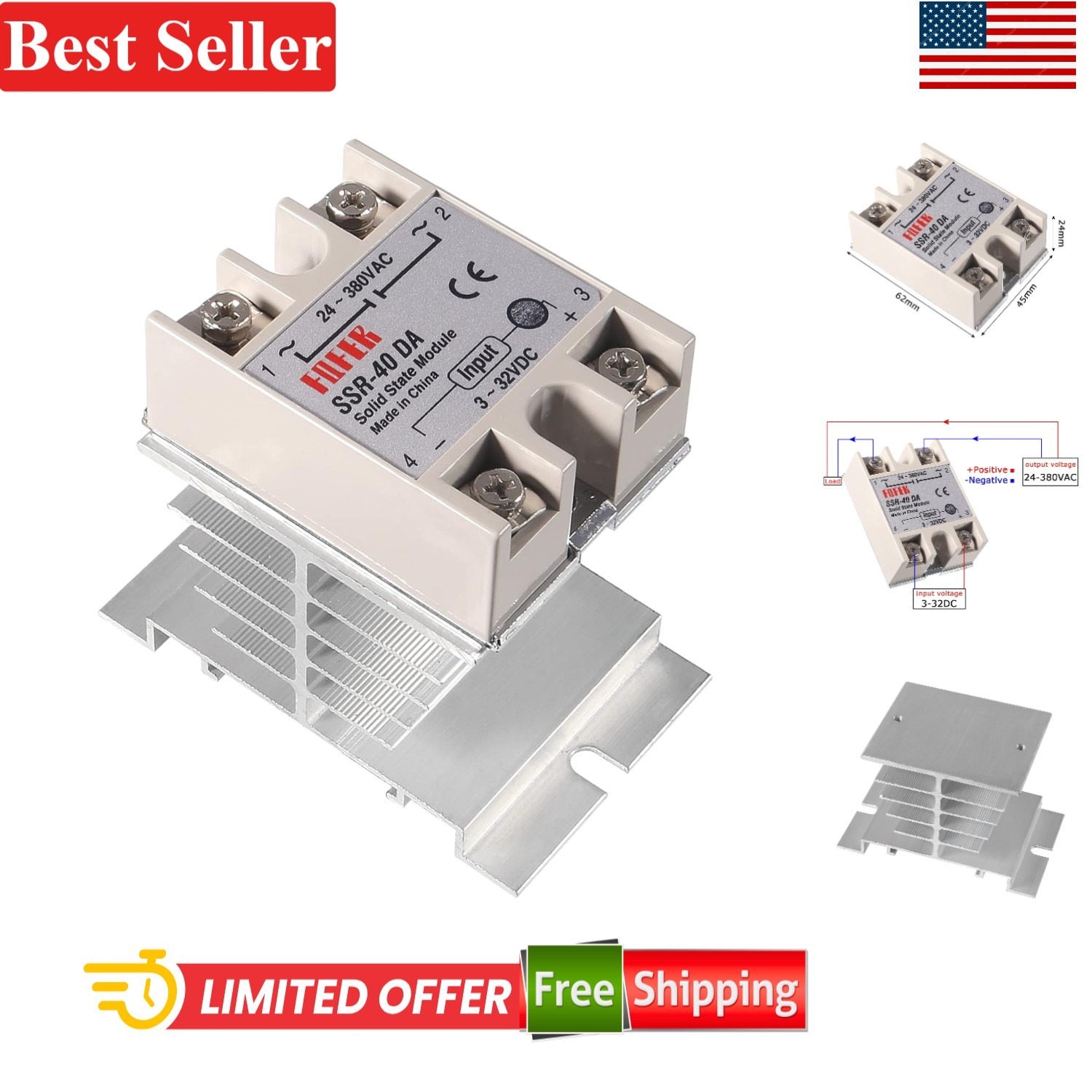 Solid State Relay SSR-40DA 40A 24-480VAC for Thermostat 3-32V DC Heat Sink