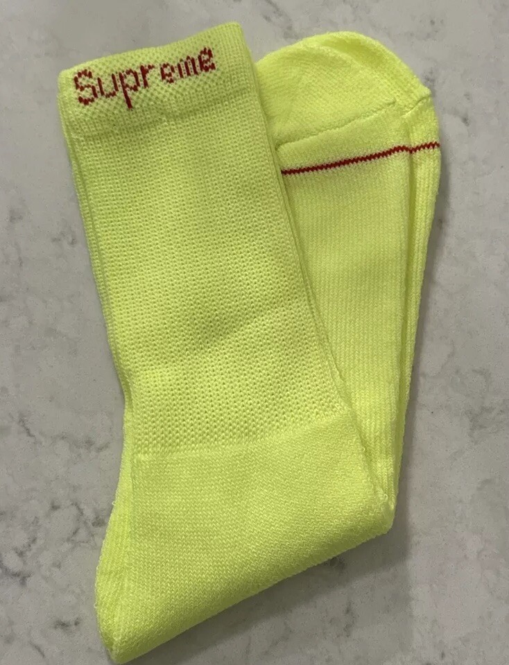 Supreme Hanes Cushion Crew Socks (One Pair) Set Fluorescent Yellow Red Logo SS23