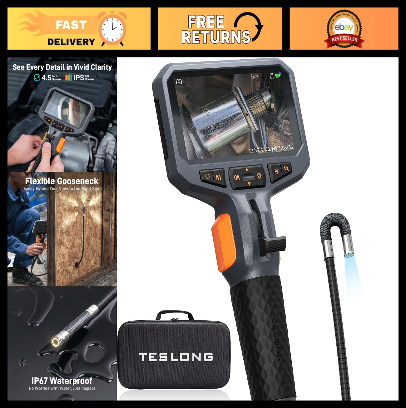 Flexible Articulating Borescope Endoscope Camera with Light for Automotive & Wal