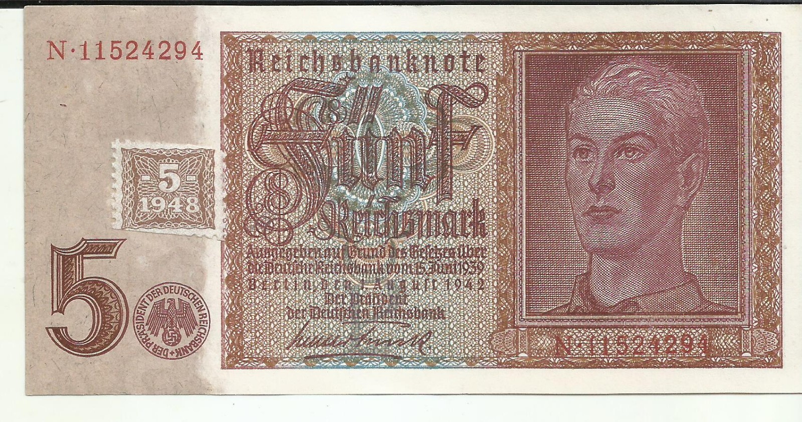 GERMANY DDR 5  MARKS 1948 P 3. UNC CONDITION. 2RW 17OCT