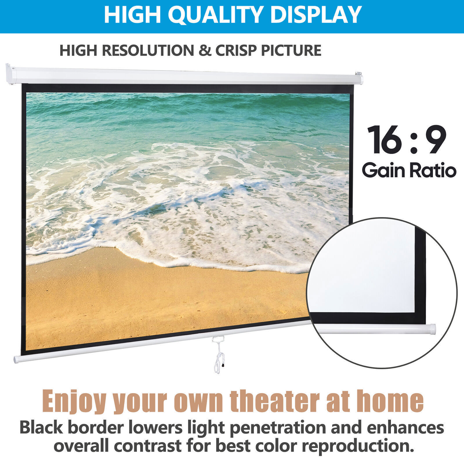 80" Manual Pull Down Projector Screen Wall & Ceiling Mounted HD Screens Portable