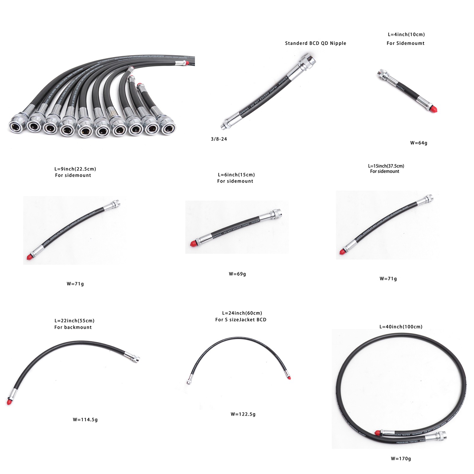 4''-40'' Scuba Diving 350PSI Low Pressure Hose For BCD and First Stage Connector