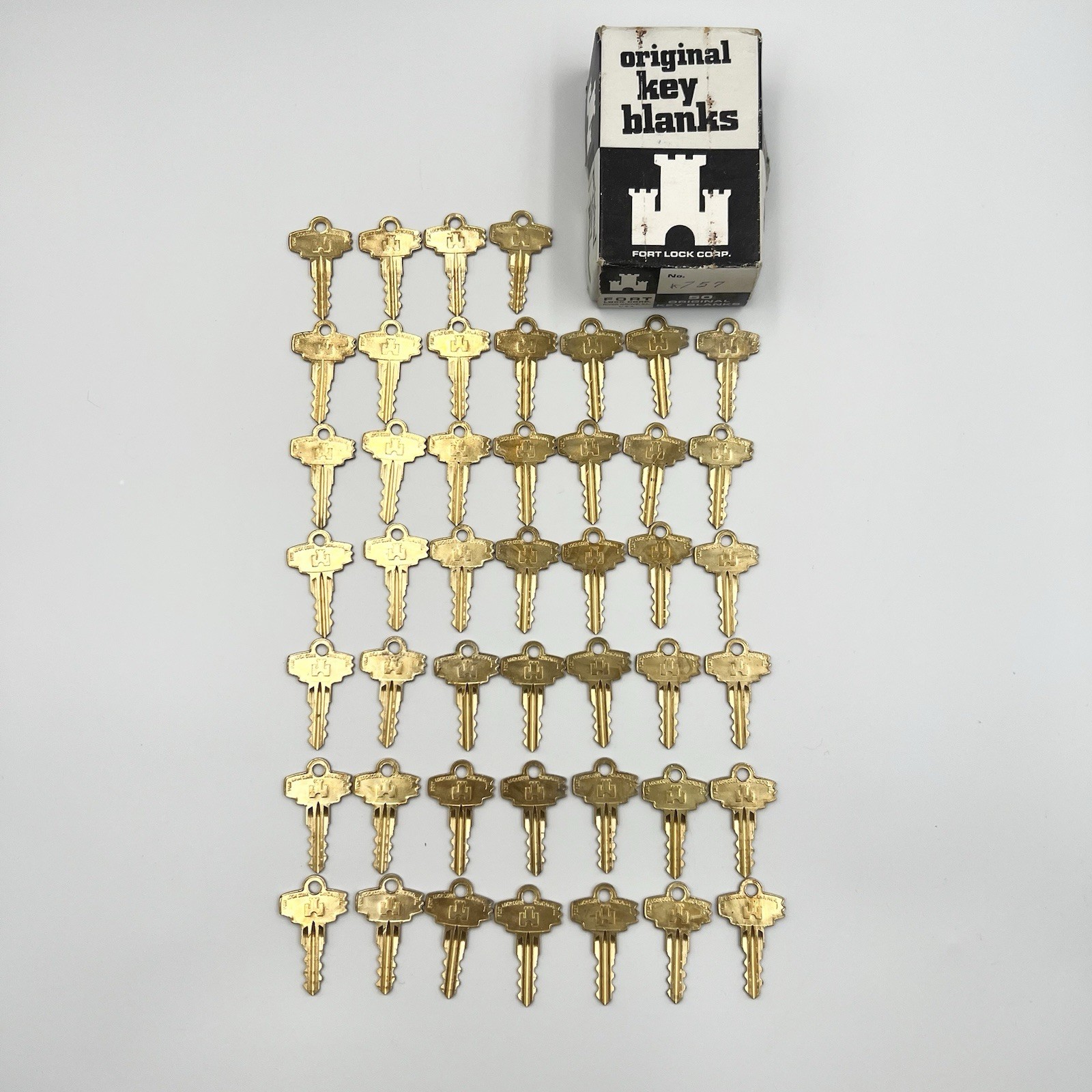 Fort Lock K757 Key Blanks NOS Brass Double Sided Castle Logo Lot 46 w/ Box