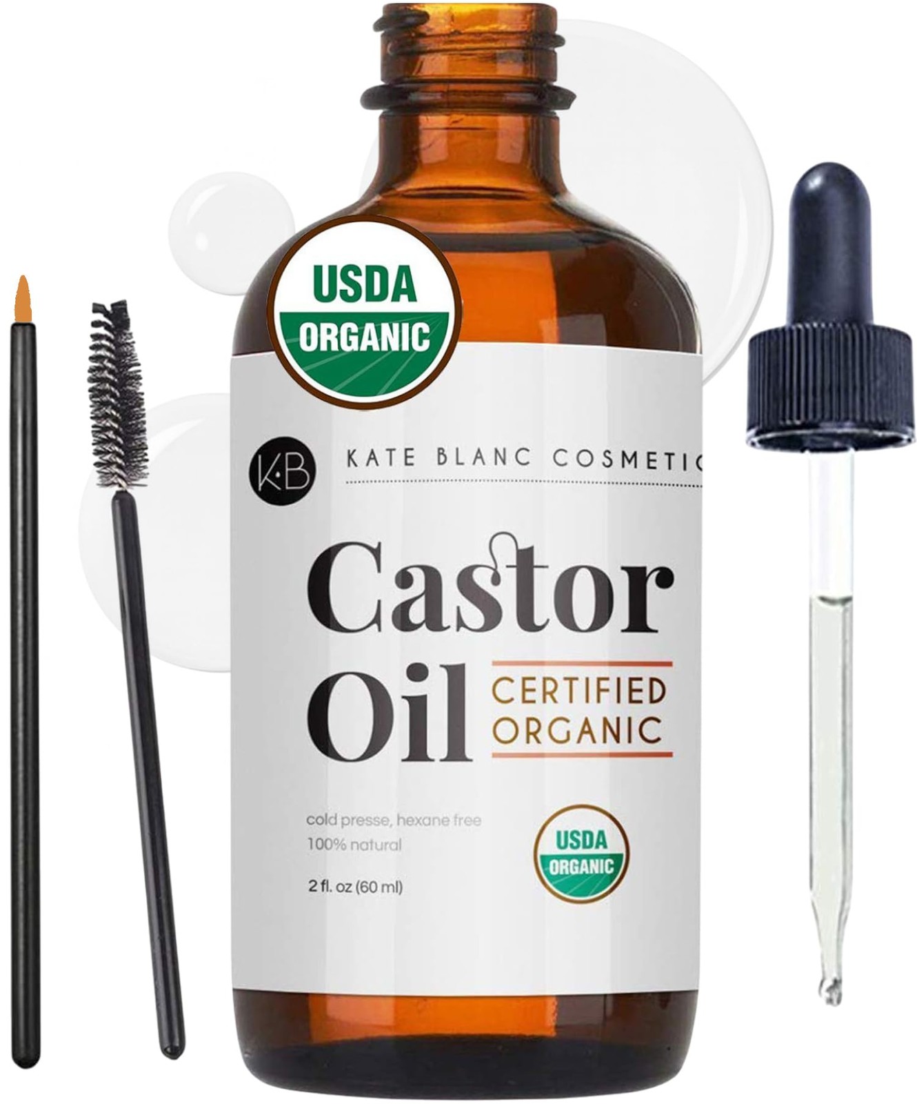 Kate Blanc Cosmetics Castor Oil Organic for Hair, Lashes, Face (2oz), 100% Pure,
