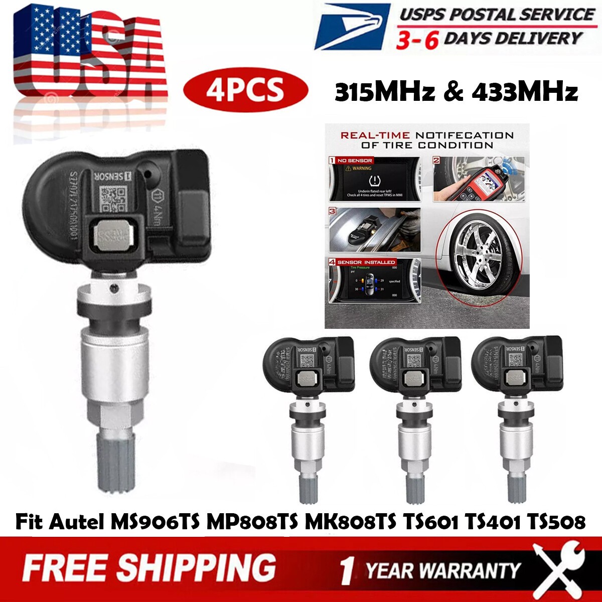 4Pc programmable TPMS MX-Sensor 315MHz & 433MHz for Autel Scanners TS408 TS508