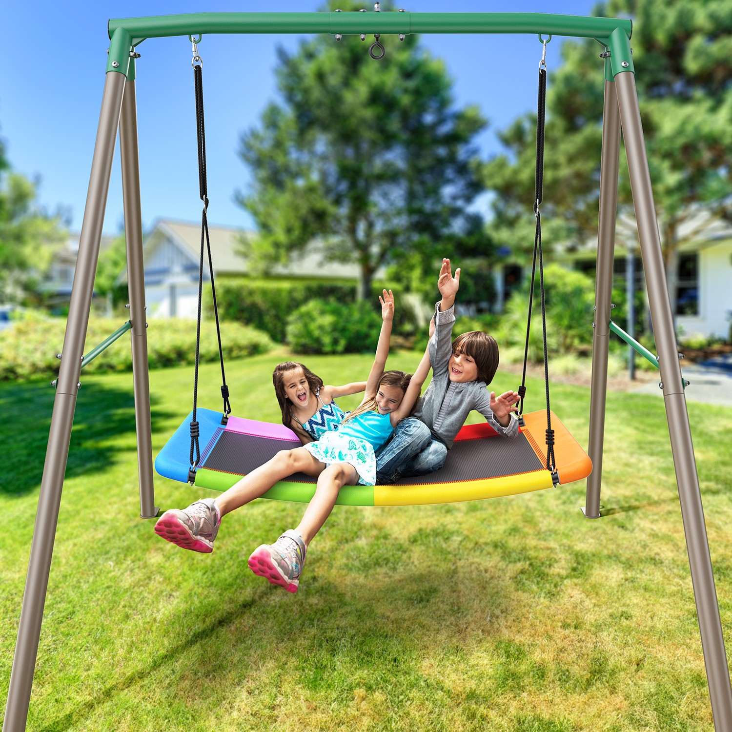 Trekassy Heavy Duty A-Frame Metal Swing Set for Backyard with 60" Rainbow Swing