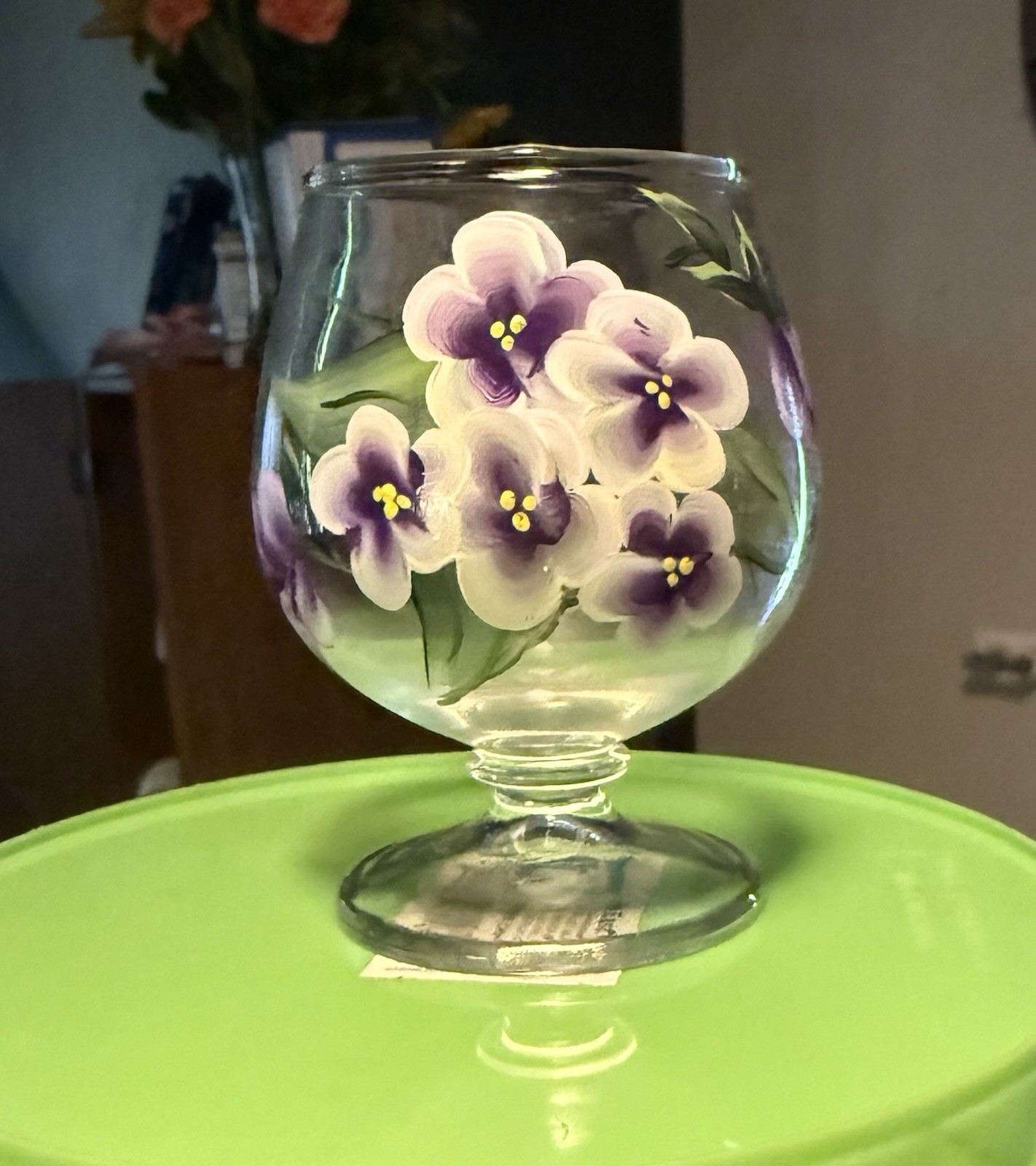 hand painted brandy glass with artist name on it