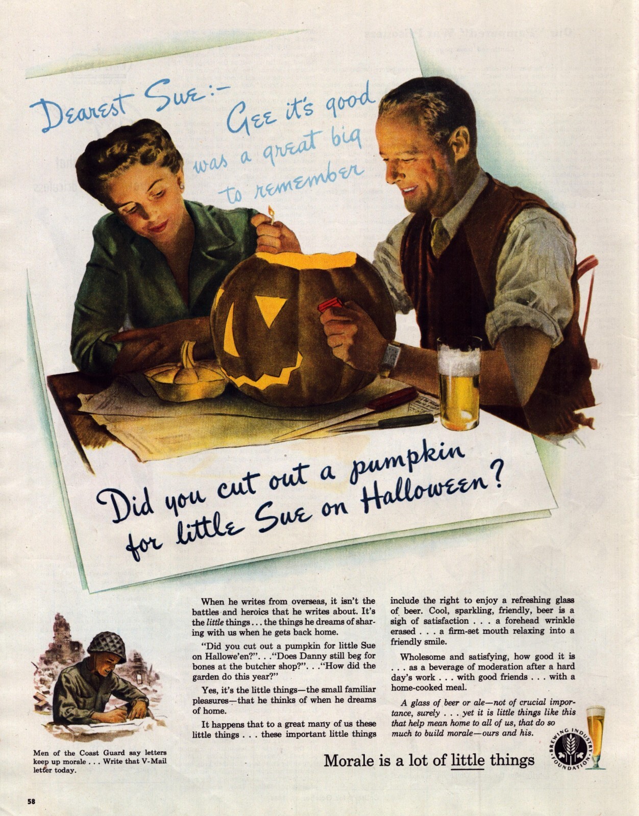 1944 Beer Brewing Halloween WWII Print Ad US Soldier Writing Home Jackolantern