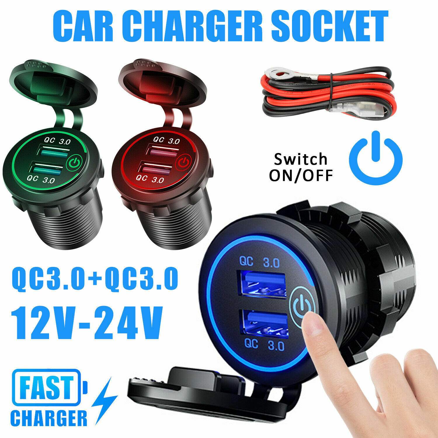 QC 3.0 Dual USB Car Fast Charger Socket Power Outlet LED Voltmeter Waterproof