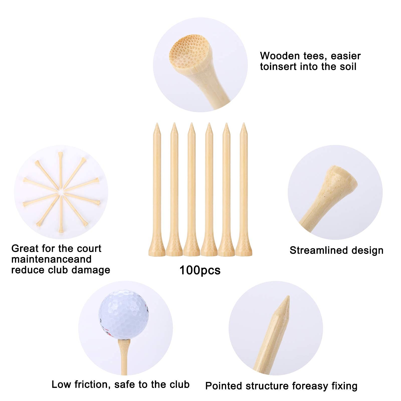 GFGL Golf Tees Durable Bamboo 100Pcs 3-1/4" Friendly Primary