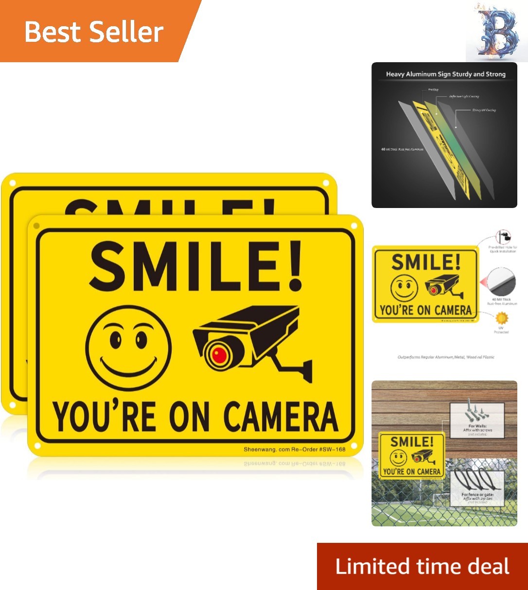 Reflective Smile You're on Camera Sign Set - Rugged Aluminum for Home & Business