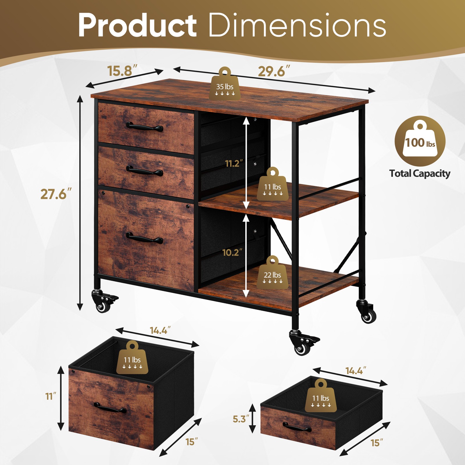 3 Drawer Mobile File Cabinet Rolling Printer Stand w/ Storage Shelf Rustic Brown