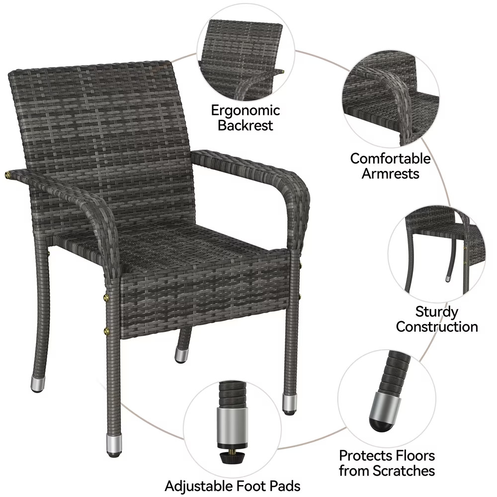 Outdoor PE Rattan Chair with Armrests and Adjustable Footpads, Set of 2, Gray