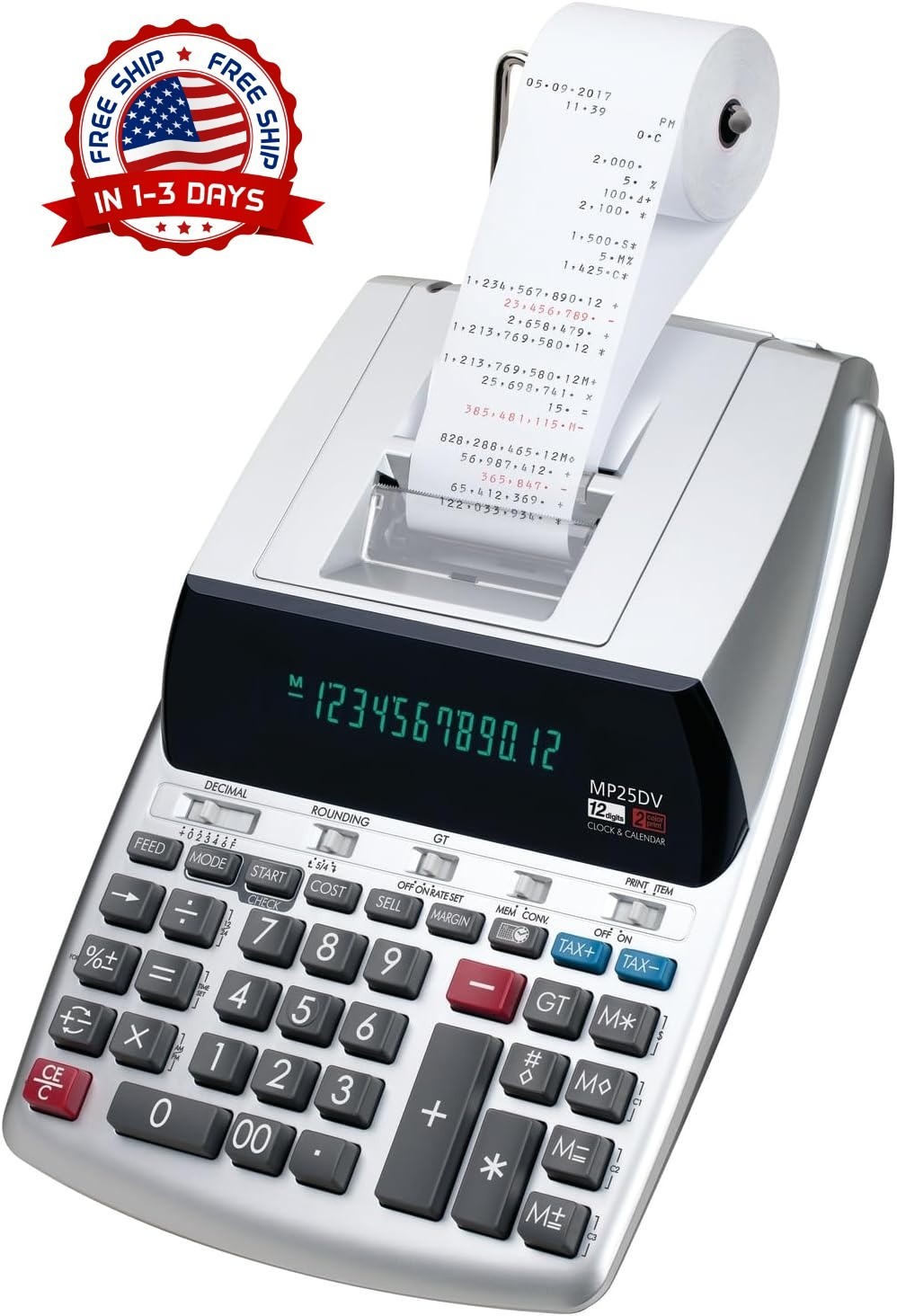 Calculadora de escritorio con impresora, conversor de divisas,reloj y calendario