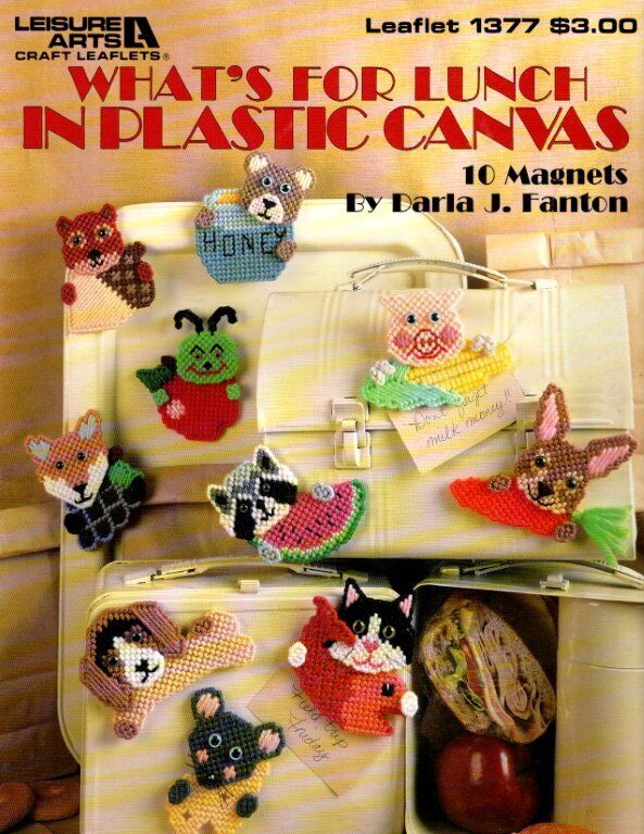 VINTAGE 1992 LEISURE ARTS WHAT'S FOR LUNCH IN PLASTIC CANVAS 10 MAGNET DESIGNS