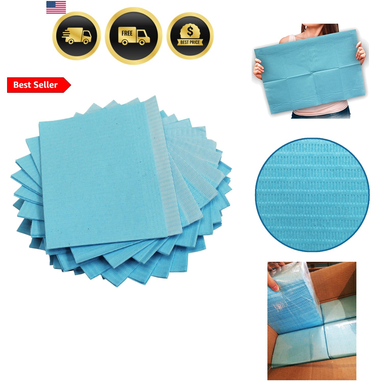 Dental Bibs/Lap Cloths - Disposable, Blue, Case of 500