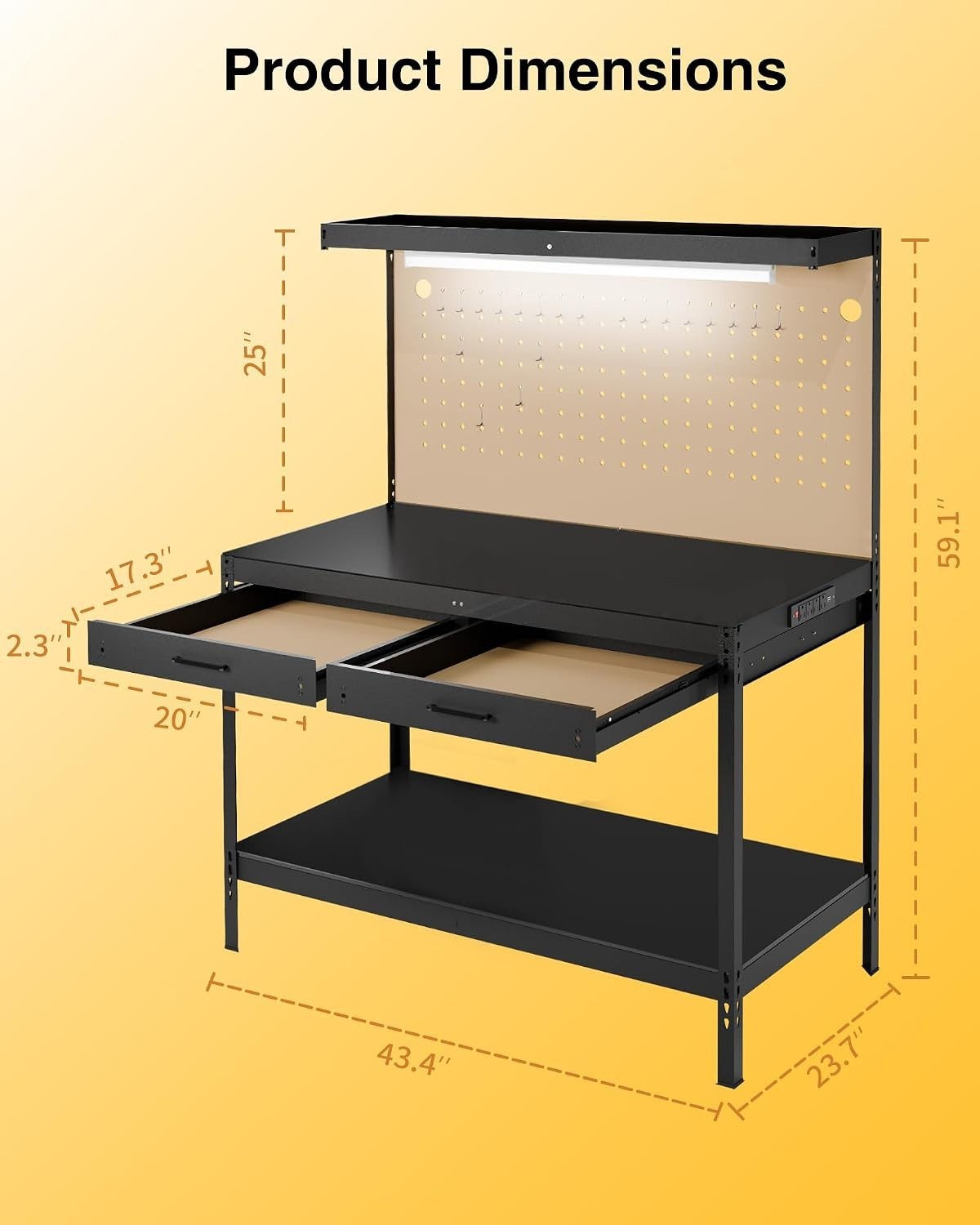 Organized Garage Workbench with Pegboard, 2 Drawers & USB Charging Ports