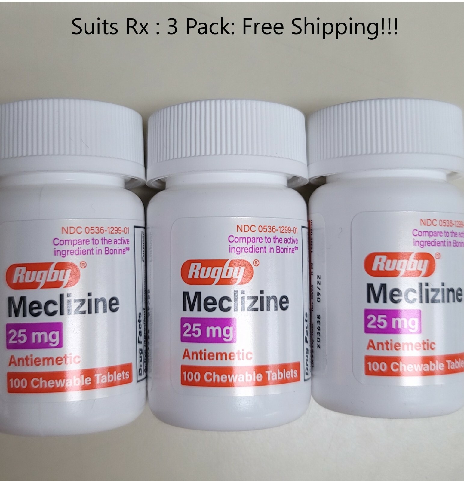 Meclizine 25mg AntiNausea,Vertigo/Travel Sickness Chew ( Bonine) 100ct 3 Pack