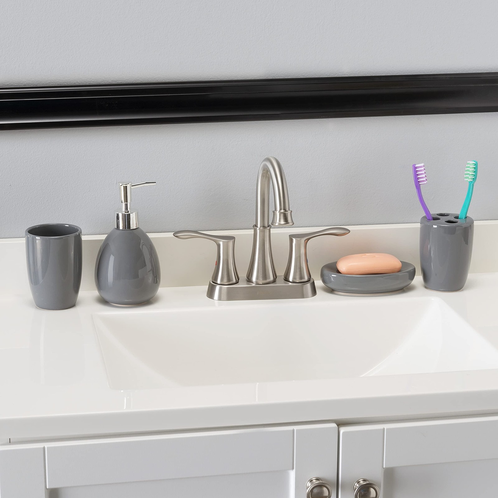 4Piece Ceramic Bathroom Set Grey, By Home Basics | Contemporary Design Bathro...