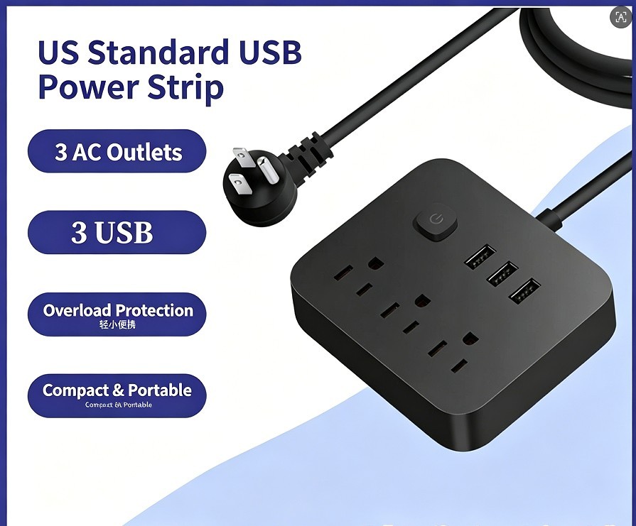 Flat Plug 6 Outlets Power Strip, 900J Surge Protector with 3 USB Ports, 4Ft Cord