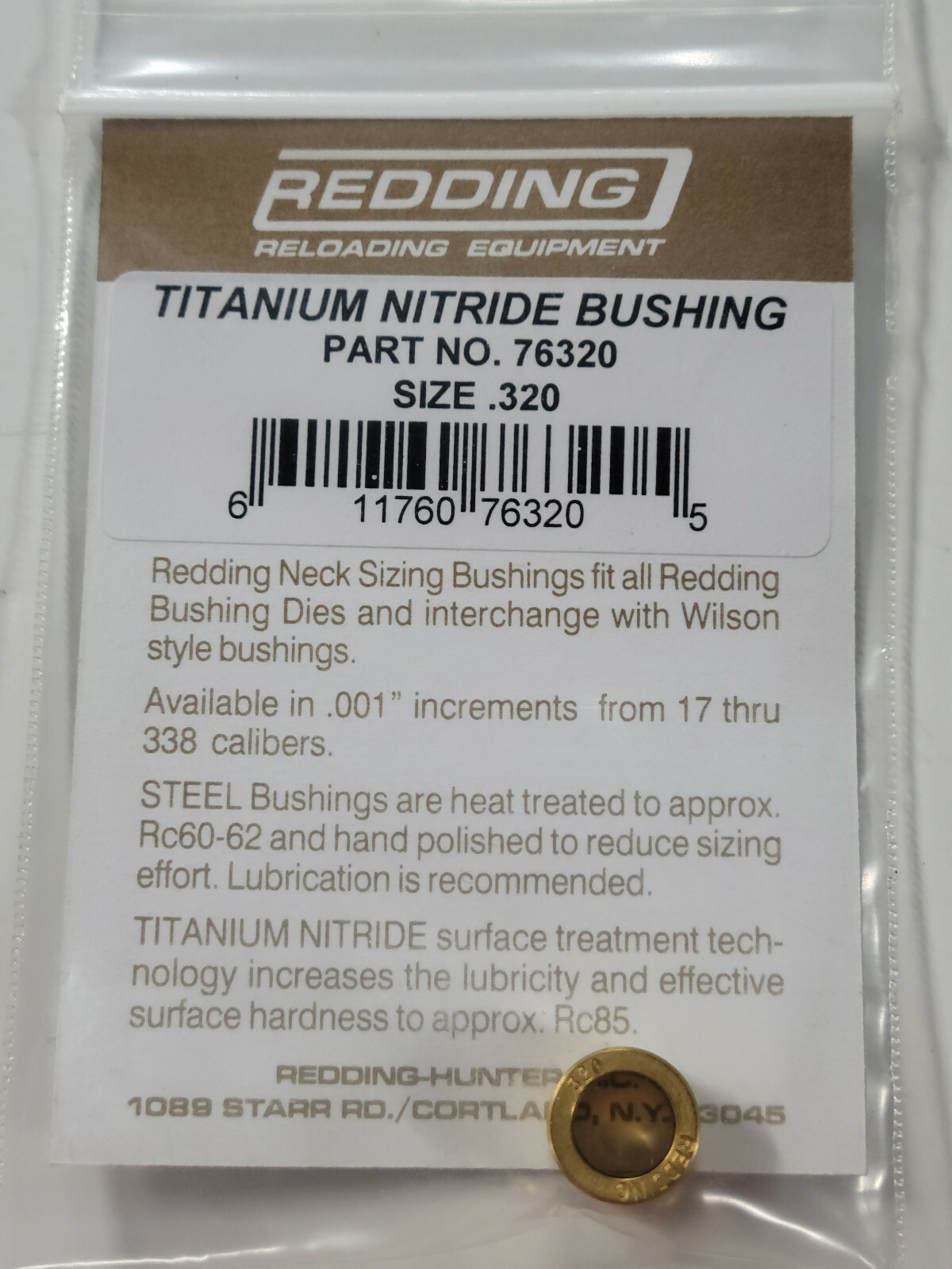 76320 REDDING TITANIUM NITRIDE .320 NECK SIZE BUSHING - BRAND NEW - FREE SHIP
