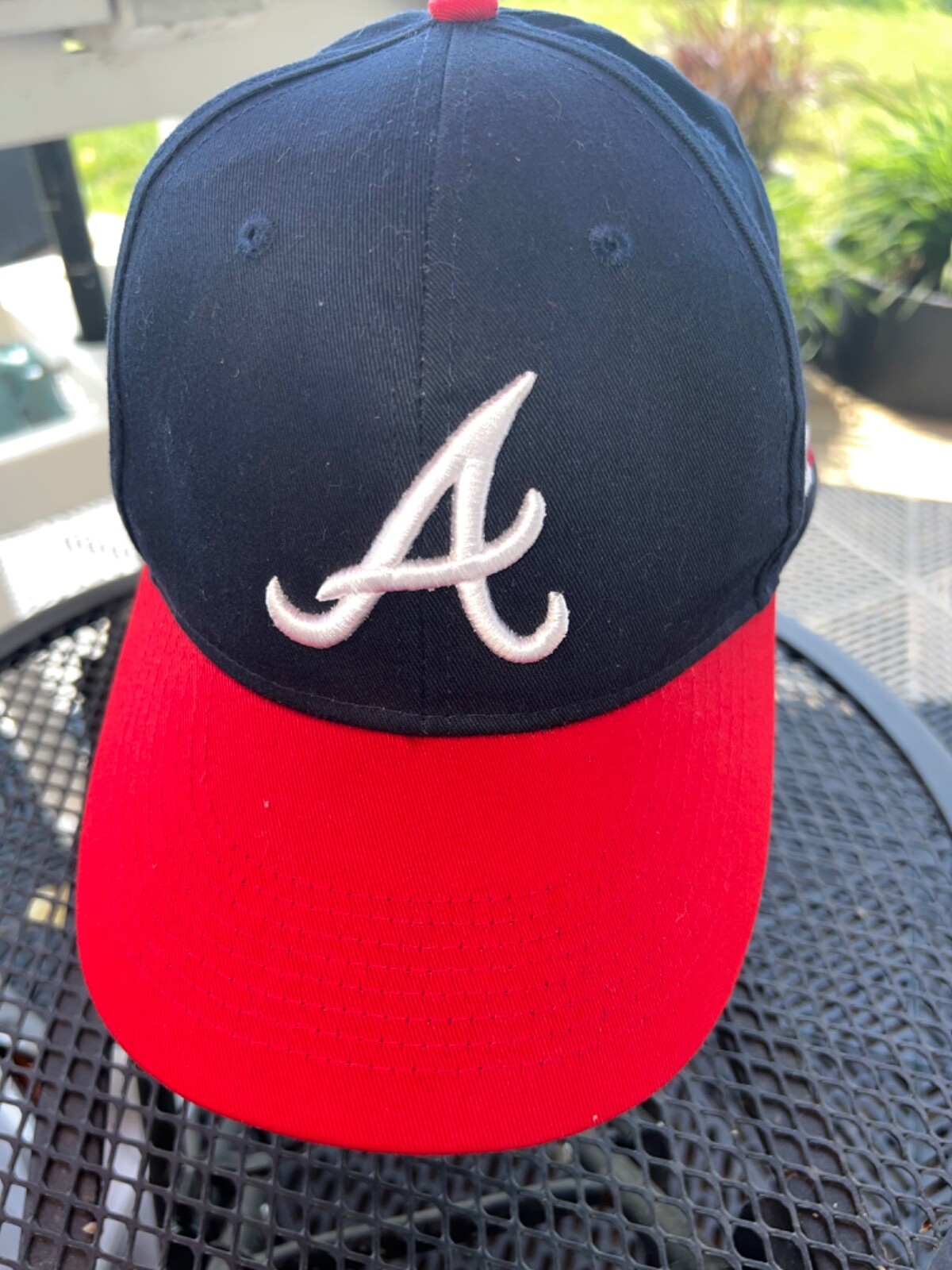 Atlanta Braves Blue Hat Cap with White Script A Red Bill Hook Loop  EUC