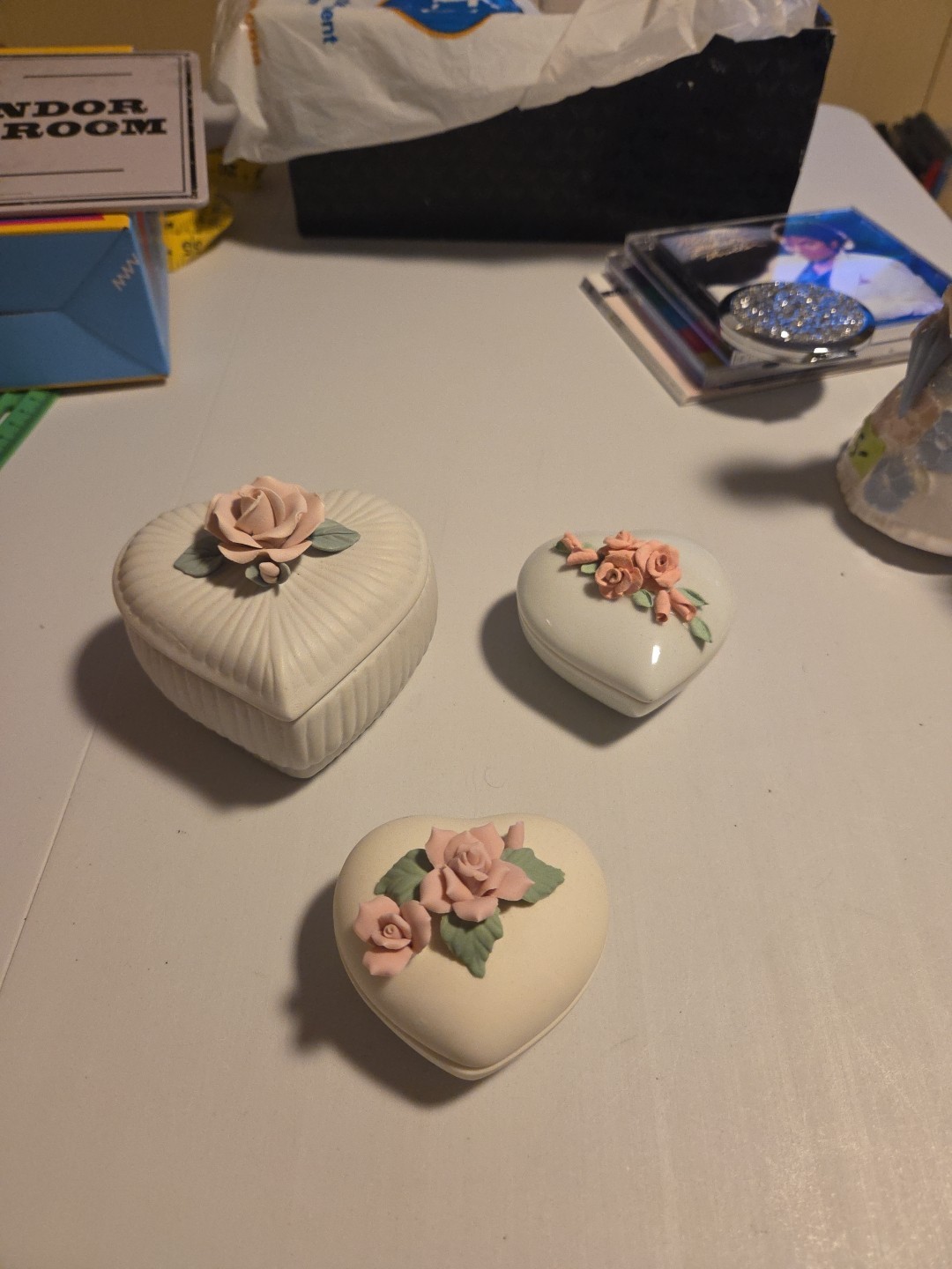 Three Heart Trinket Boxes 3D Flowers