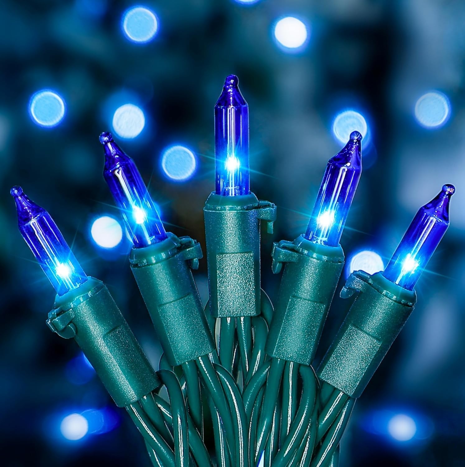 50Count Blue Christmas Lights, Green Wire 13Ft Incandescent Traditional Holiday