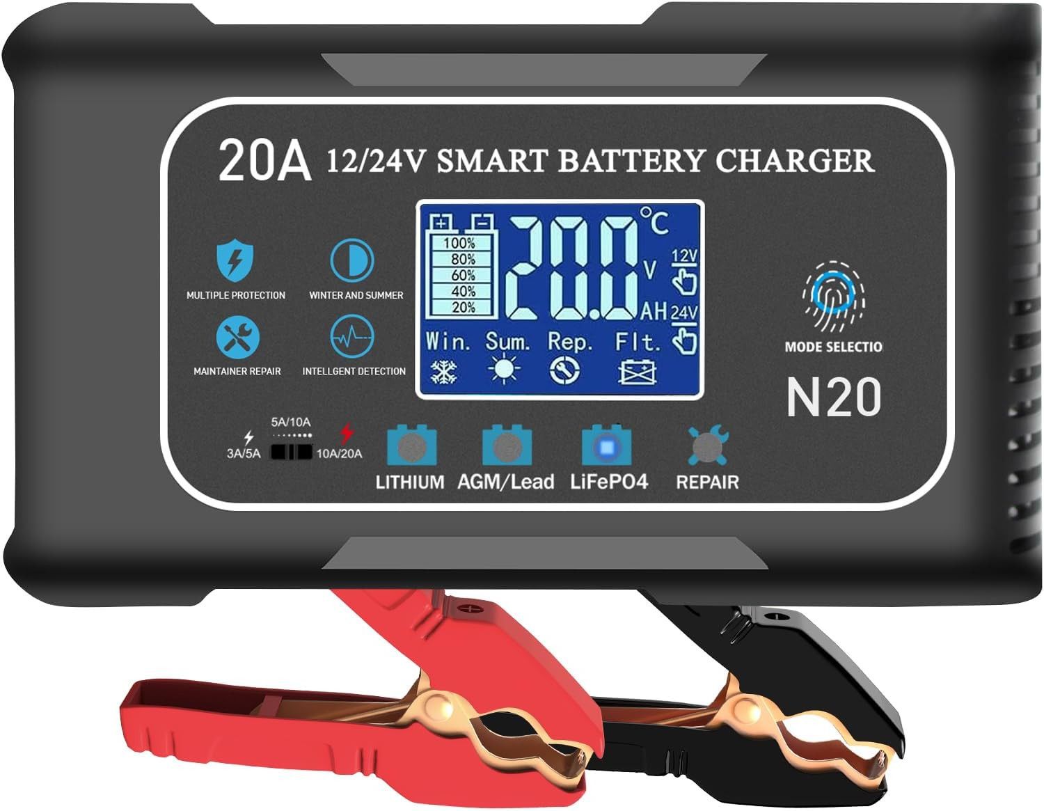Smart 12V/24V Battery Charger & Maintainer for Car, Boat, Marine, Deep Cycle