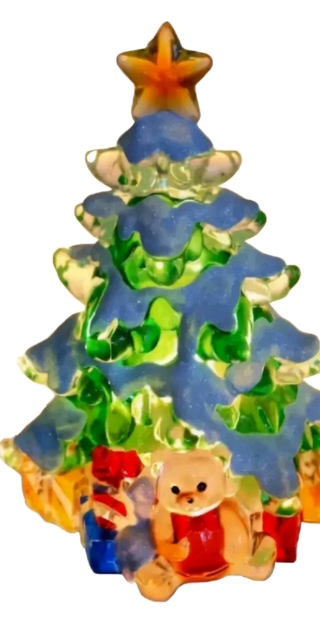 Christmas Tree w Teddy Bear Presents Nightlight Plug in Acrylic WORKS EUC
