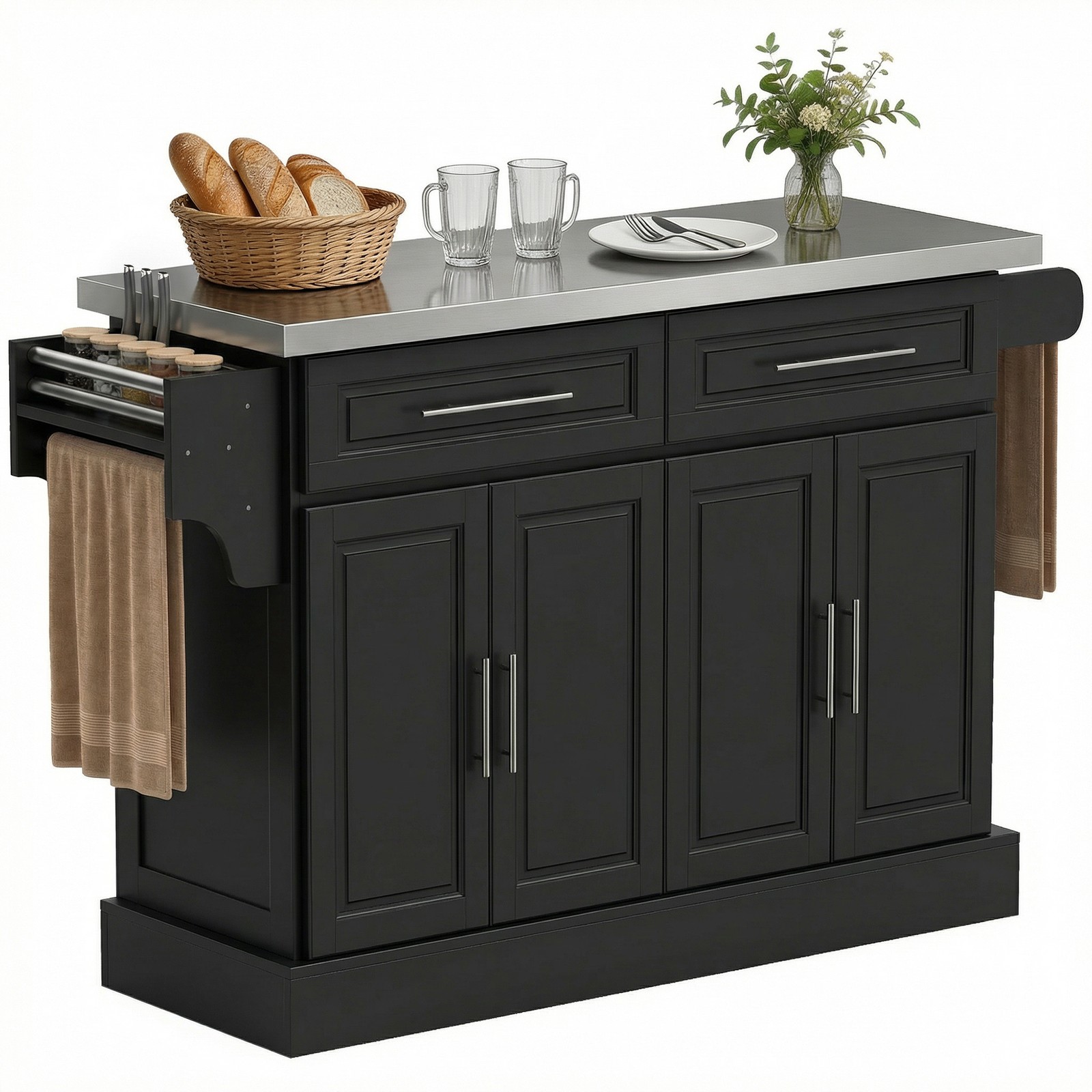 57" Rolling Kitchen Island Cart with Stainless Steel Top, Black